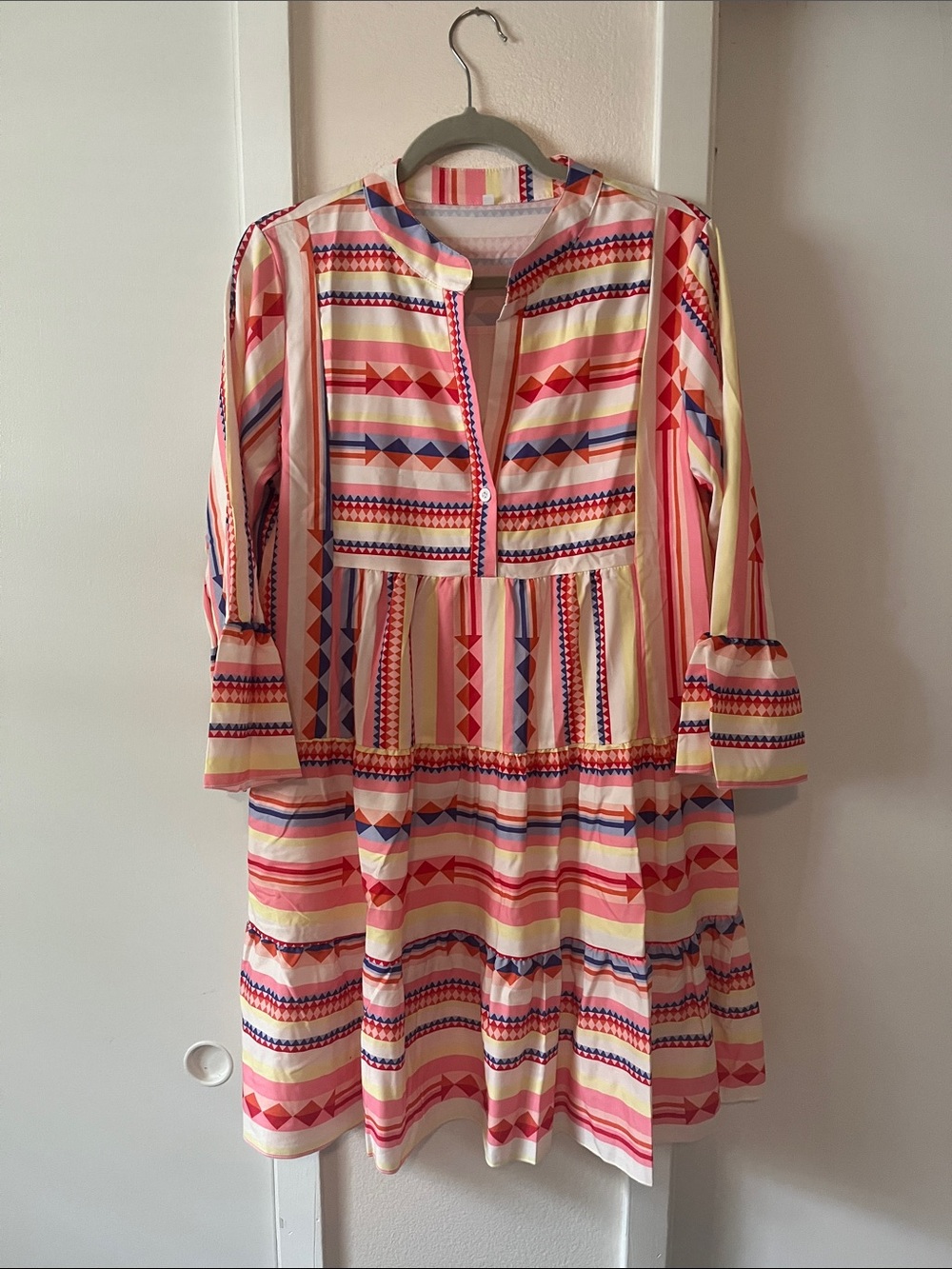 Women’s Pink & Cream Geometric Print Tiered Dress